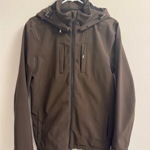Roots Men's Small Brown Hooded Softshell Jacket. Removable hood.
